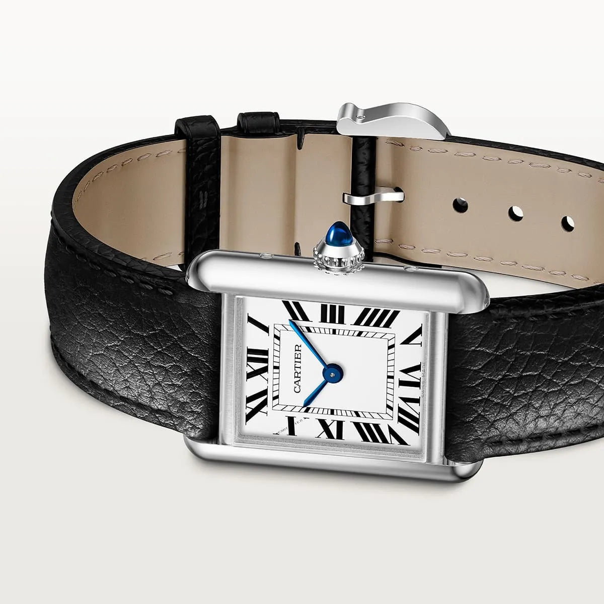 Cartier Men’s Silver-Tone Rectangular Watch with Black Leather Strap