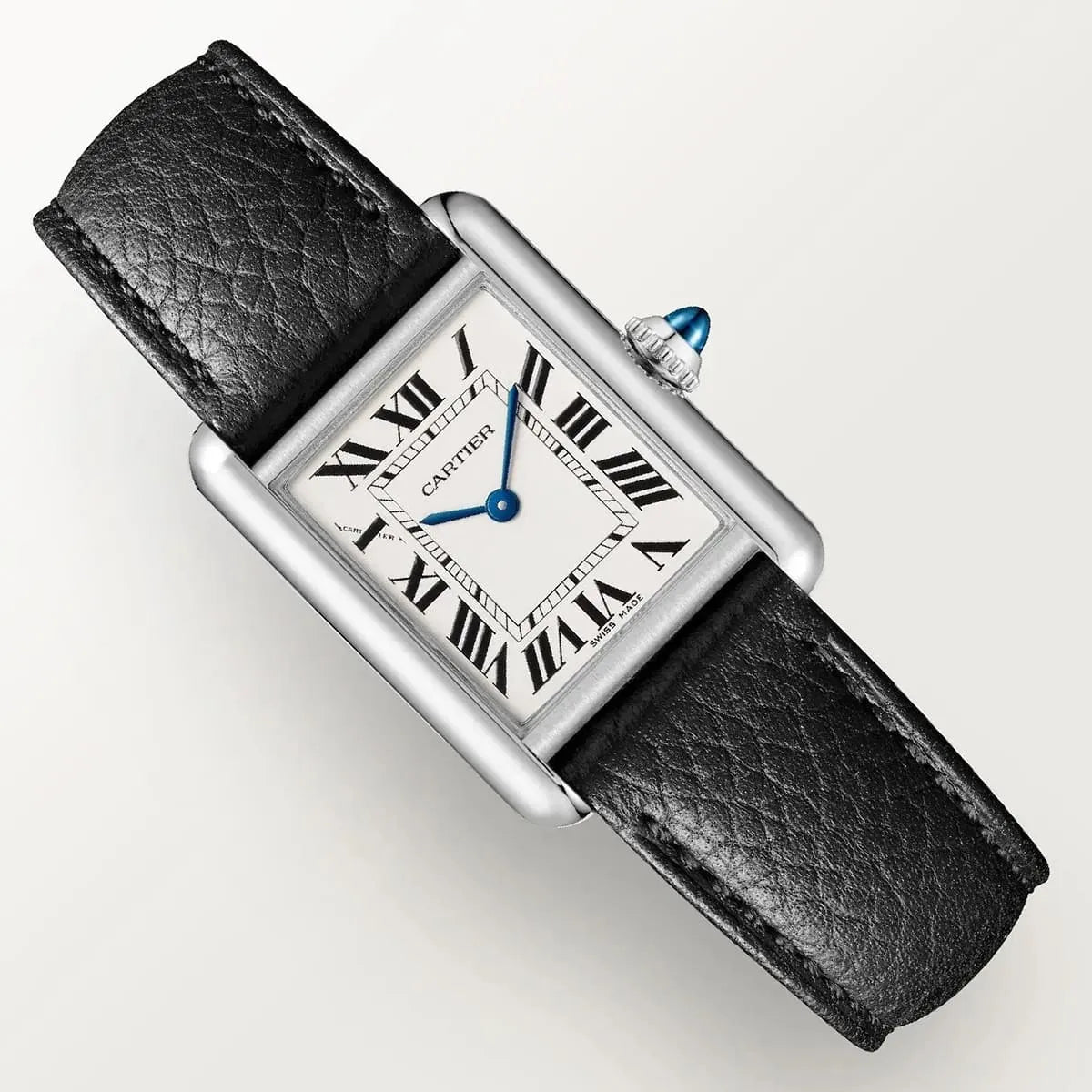 Cartier Men’s Silver-Tone Rectangular Watch with Black Leather Strap