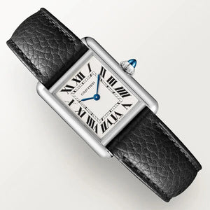 Cartier Men’s Silver-Tone Rectangular Watch with Black Leather Strap