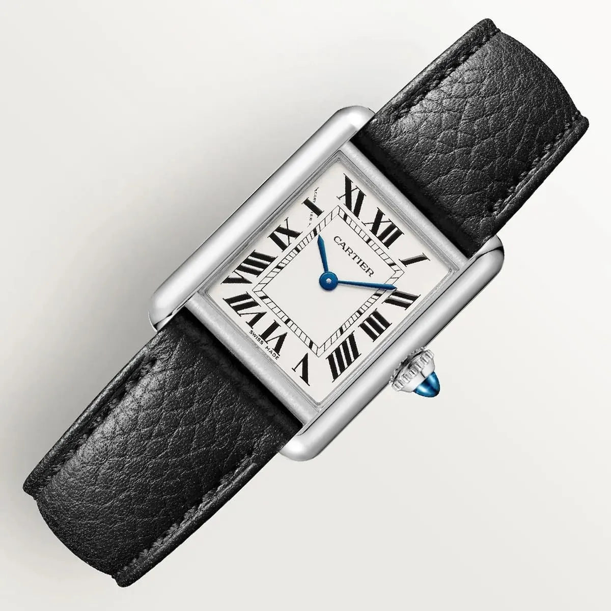 Cartier Men’s Silver-Tone Rectangular Watch with Black Leather Strap