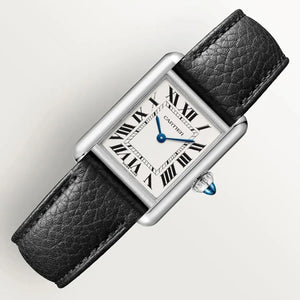 Cartier Men’s Silver-Tone Rectangular Watch with Black Leather Strap