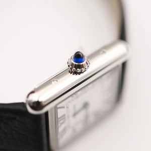 Cartier Men’s Silver-Tone Rectangular Watch with Black Leather Strap