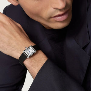 Cartier Men’s Silver-Tone Rectangular Watch with Black Leather Strap