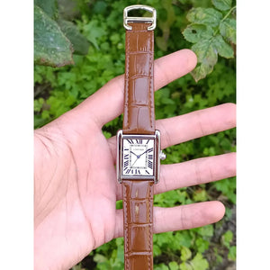 Cartier Men’s Rectangular Cream Dial Watch with Brown Strap