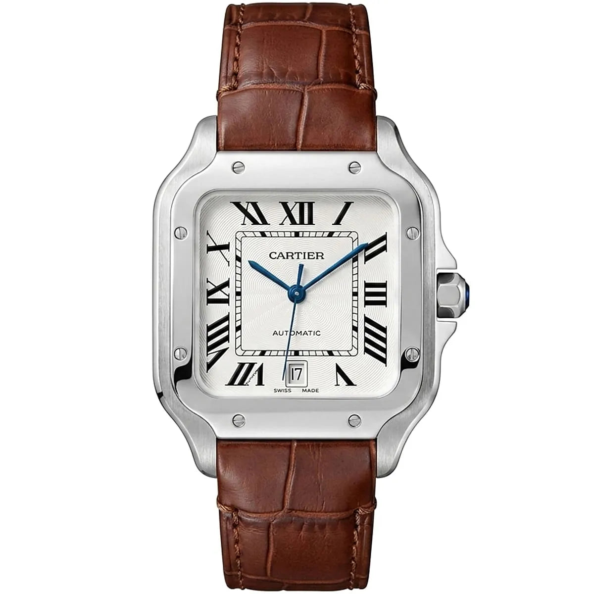 Cartier Men’s White Dial Square Watch with Brown Leather Strap