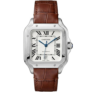 Cartier Men’s White Dial Square Watch with Brown Leather Strap