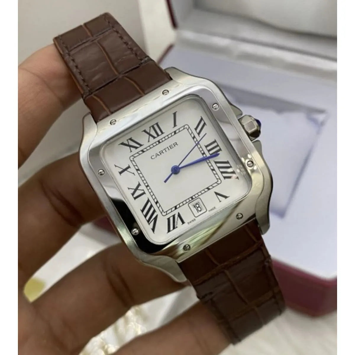 Cartier Men’s White Dial Square Watch with Brown Leather Strap