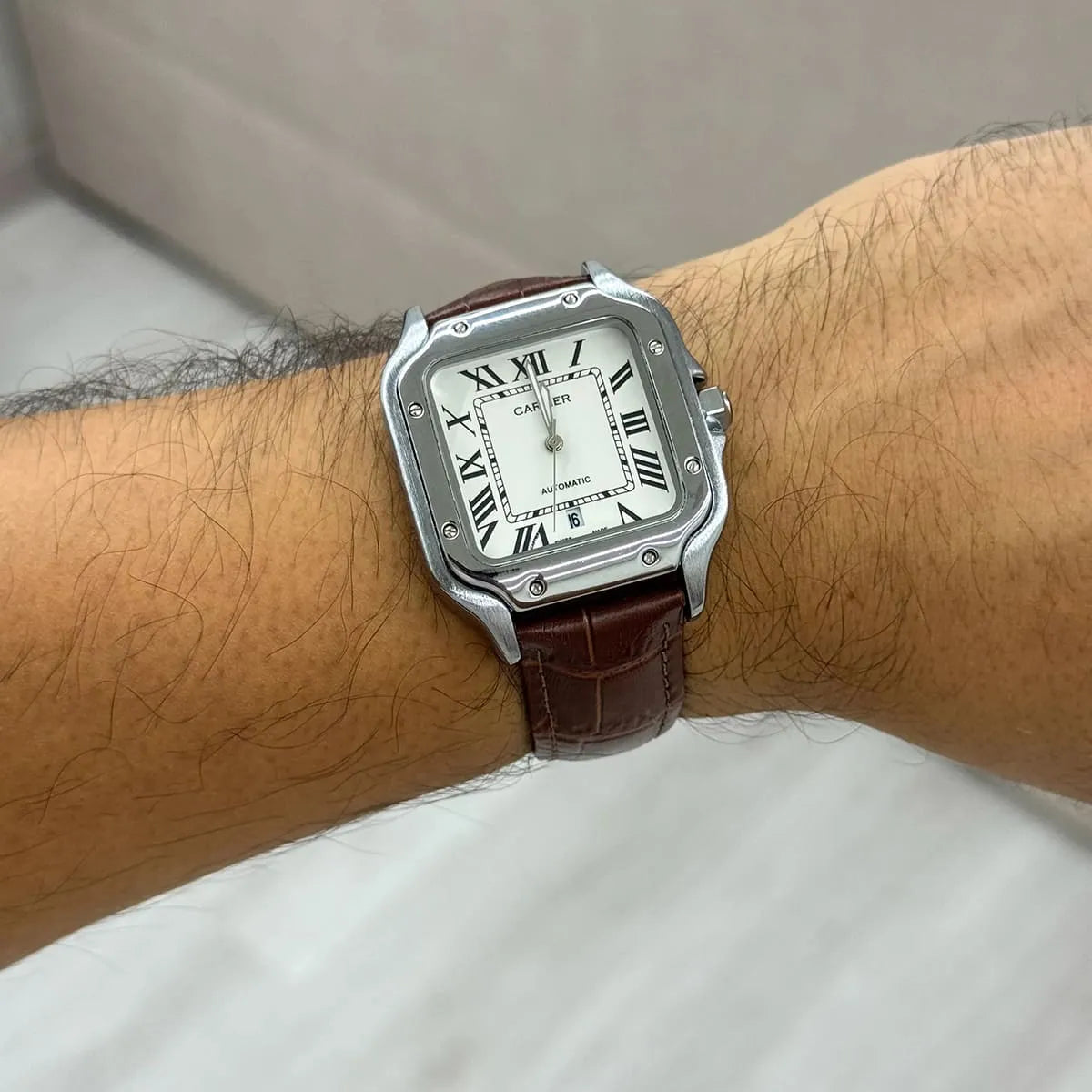 Cartier Men’s White Dial Square Watch with Brown Leather Strap