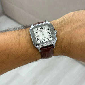 Cartier Men’s White Dial Square Watch with Brown Leather Strap
