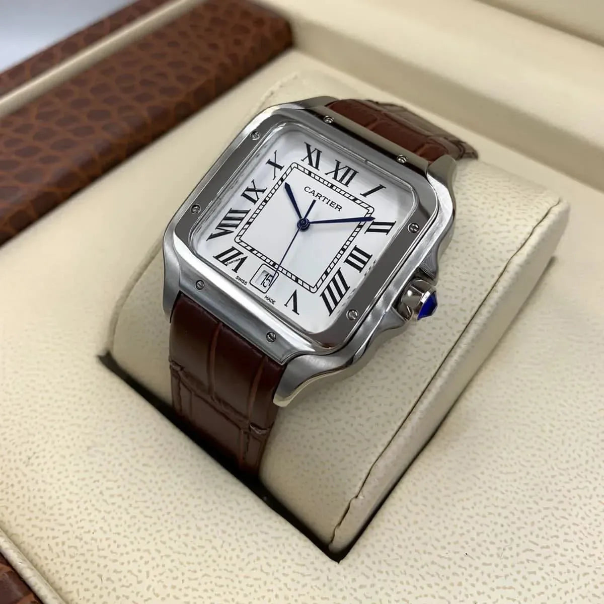 Cartier Men’s White Dial Square Watch with Brown Leather Strap