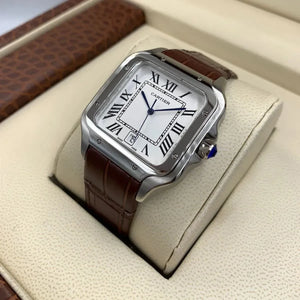 Cartier Men’s White Dial Square Watch with Brown Leather Strap