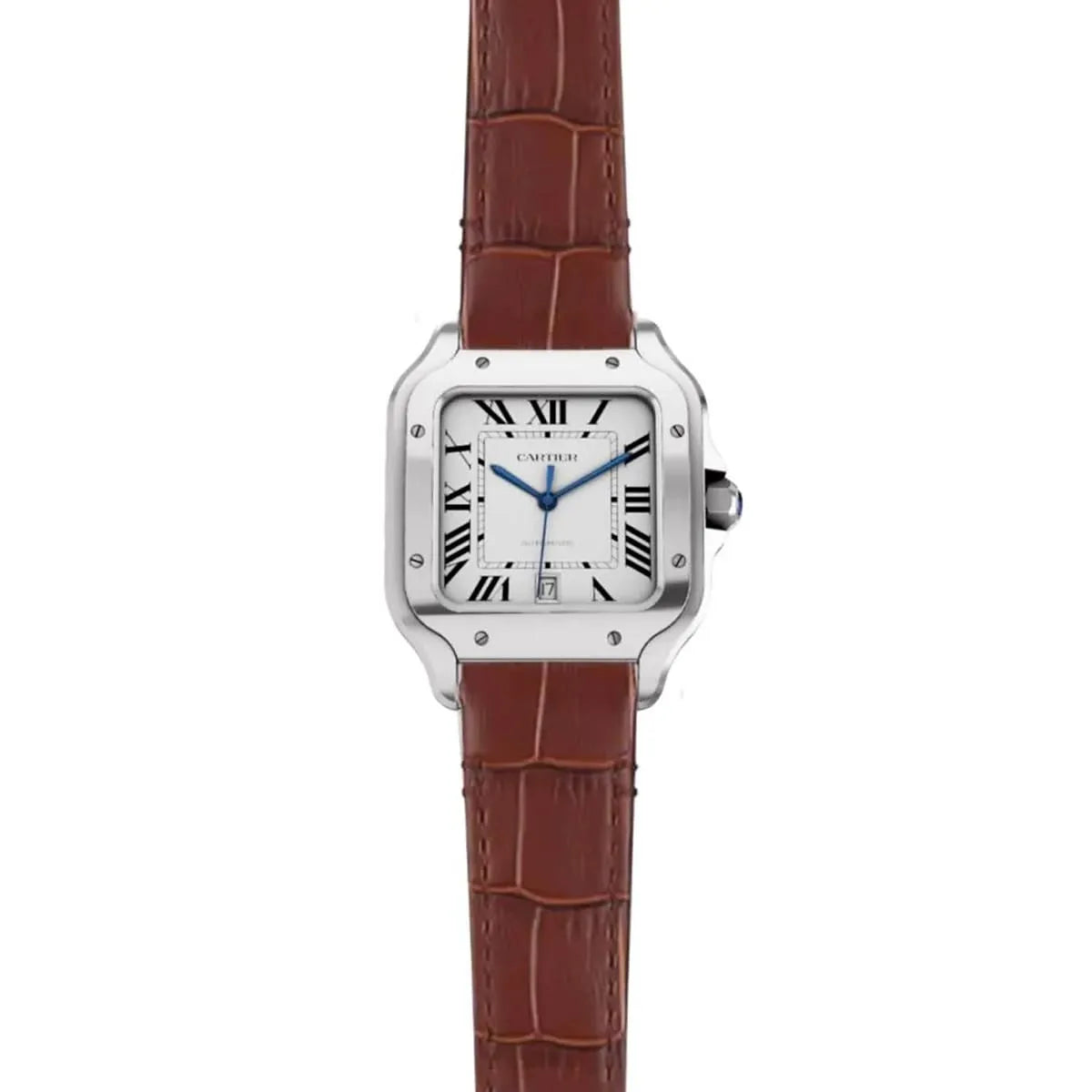 Cartier Men’s White Dial Square Watch with Brown Leather Strap