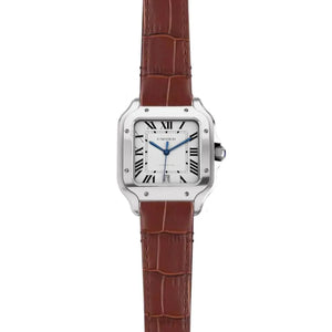 Cartier Men’s White Dial Square Watch with Brown Leather Strap