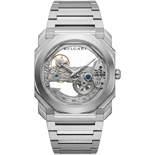 Bvlgari men's Octo skeleton dial silver-tone metal watch with intricate design and visible movement on a stainless steel bracelet