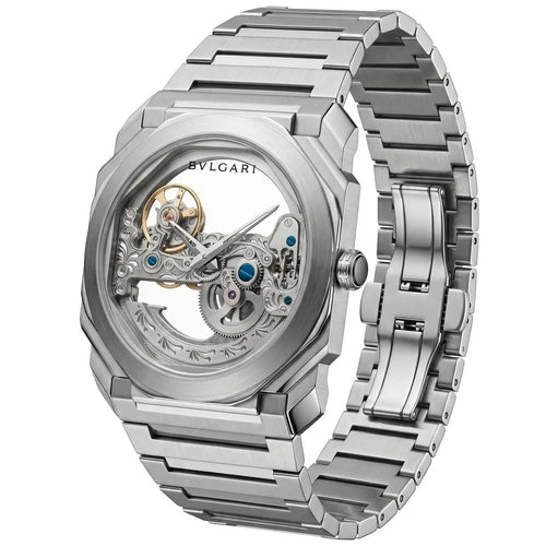 Bvlgari men's Octo Skeleton Dial watch with silver-tone metal band and intricate skeleton design on the dial.