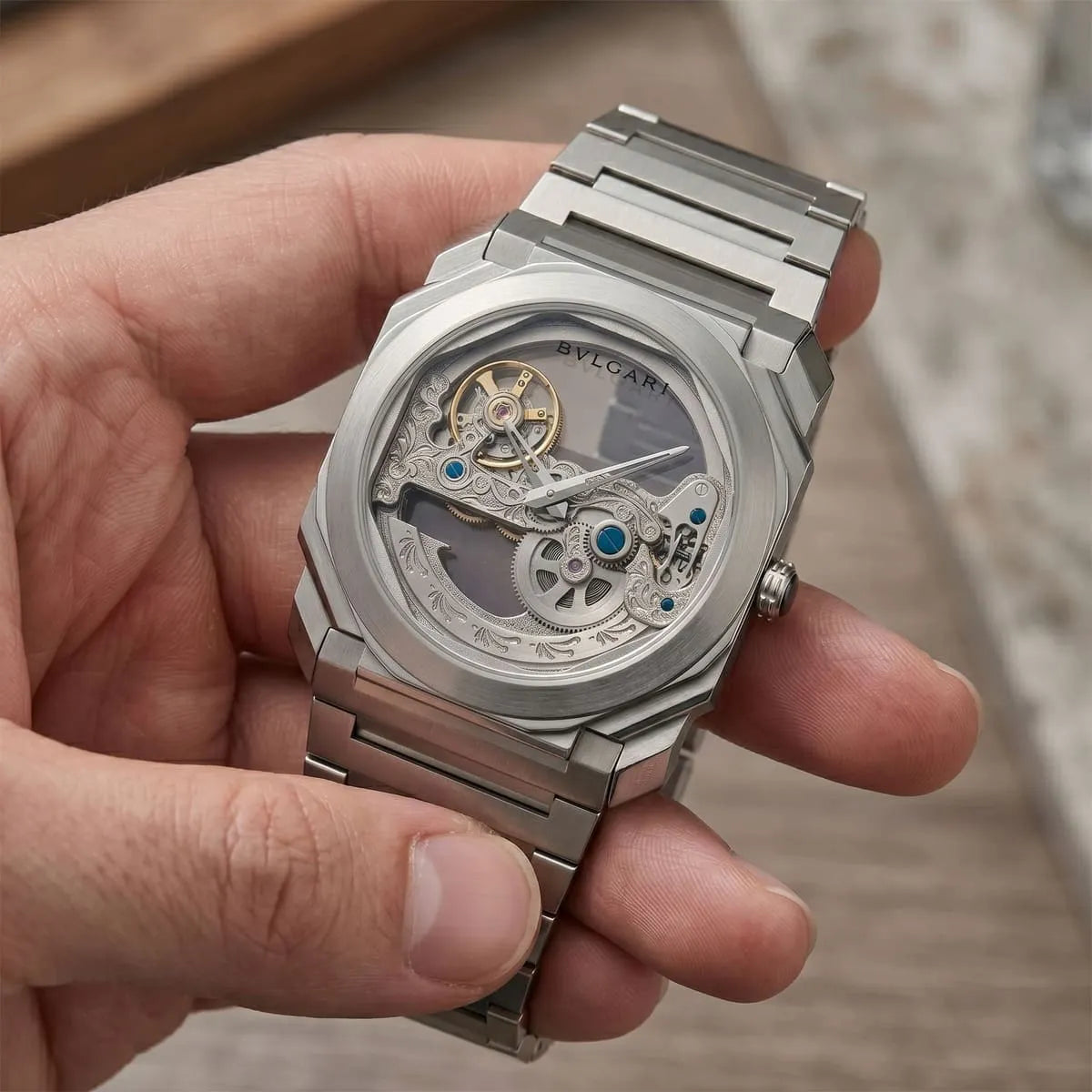 Bvlgari Men’s Octo Skeleton Dial Silver-Tone Metal Watch