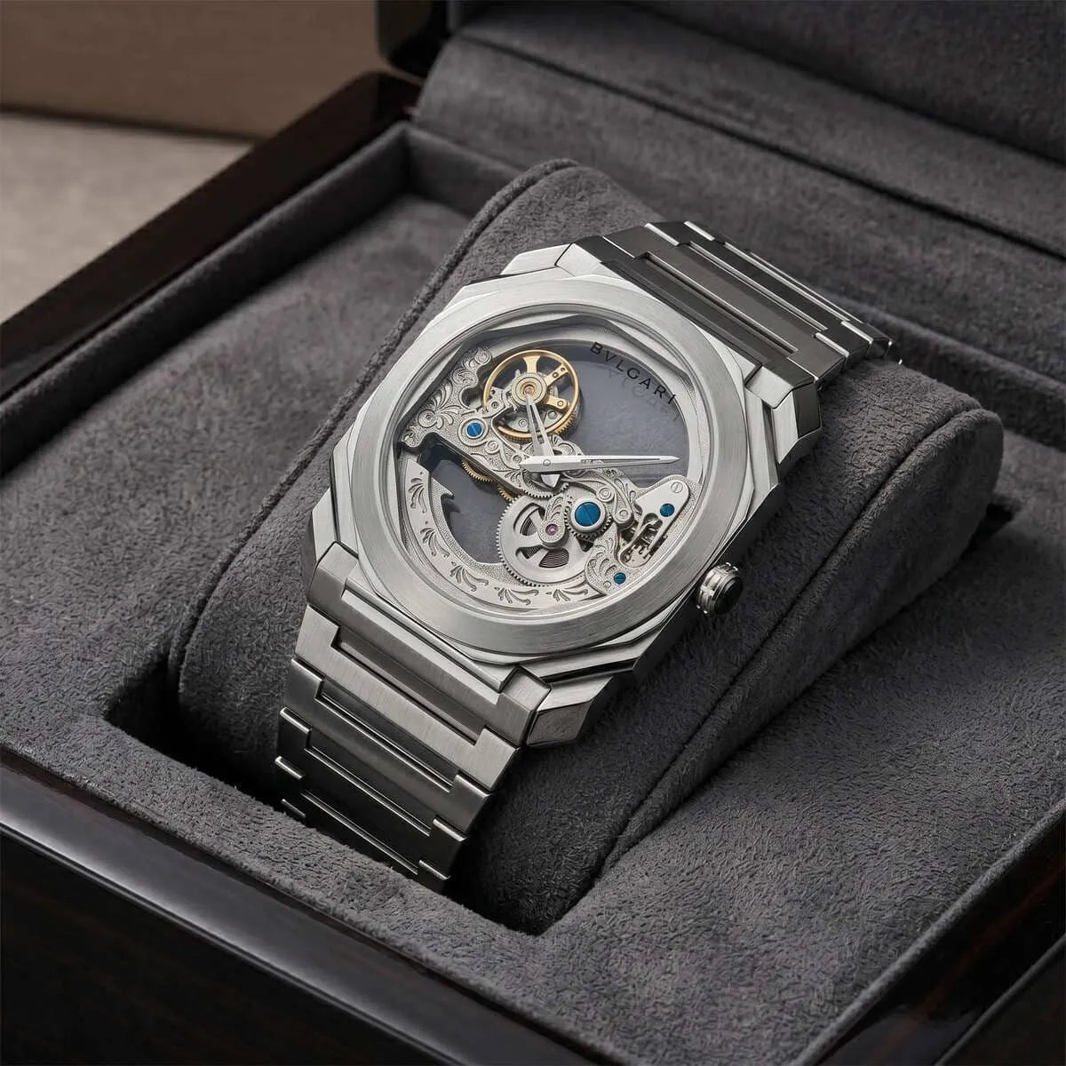 Bvlgari Men’s Octo Skeleton Dial Silver-Tone Metal Watch
