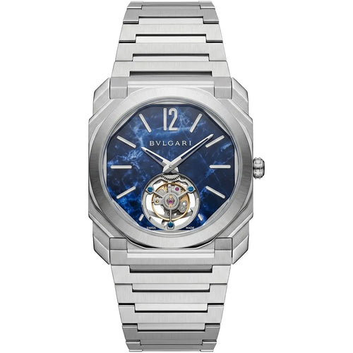 Bvlgari men's Octo watch with a blue marble dial and tourbillon-style design, showcasing luxury timepiece craftsmanship.
