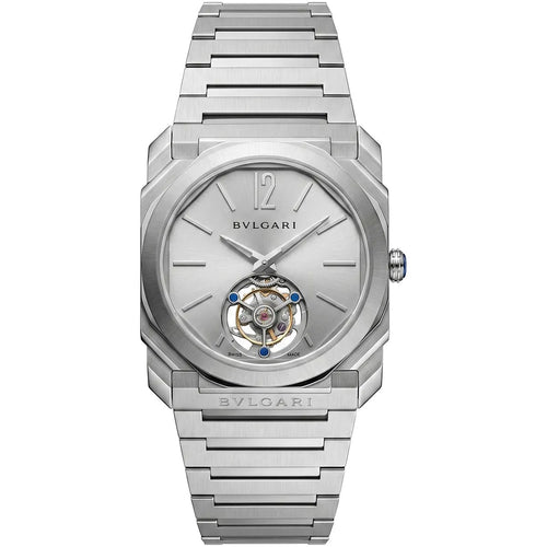 Bvlgari men's Octo watch with a silver dial and open-heart design, showcasing intricate craftsmanship and stainless steel case.