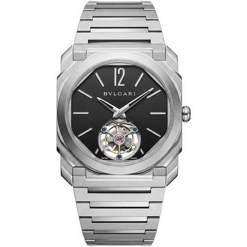 Bvlgari men's Octo watch with black dial and tourbillon-style design, featuring a sleek, modern look and stainless steel case.