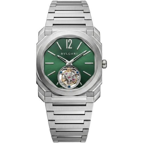 Bvlgari men's Octo watch with green dial and tourbillon-style design, featuring a sleek luxury timepiece.