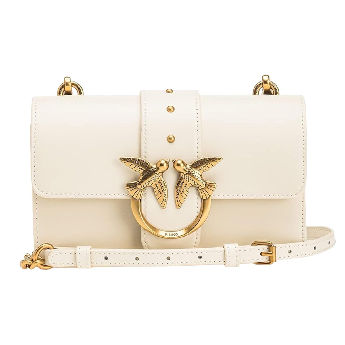 Pinko Mini Love Bag One Simply in pink leather, featuring a compact design with gold-tone hardware and adjustable strap.