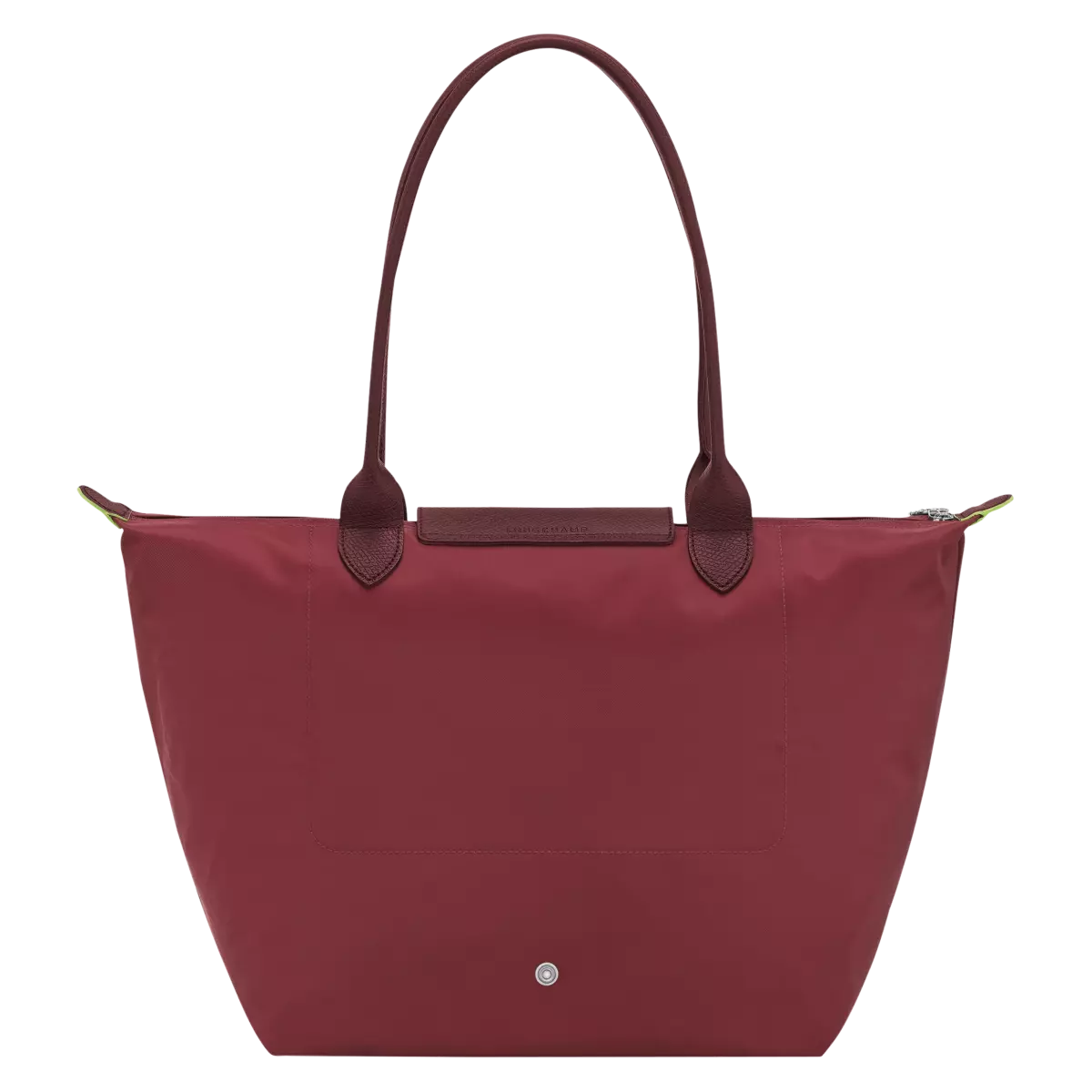 Longchamp Le Pliage Green L Tote bag with pomegranate-colored accents, casual design, and durable fabric.