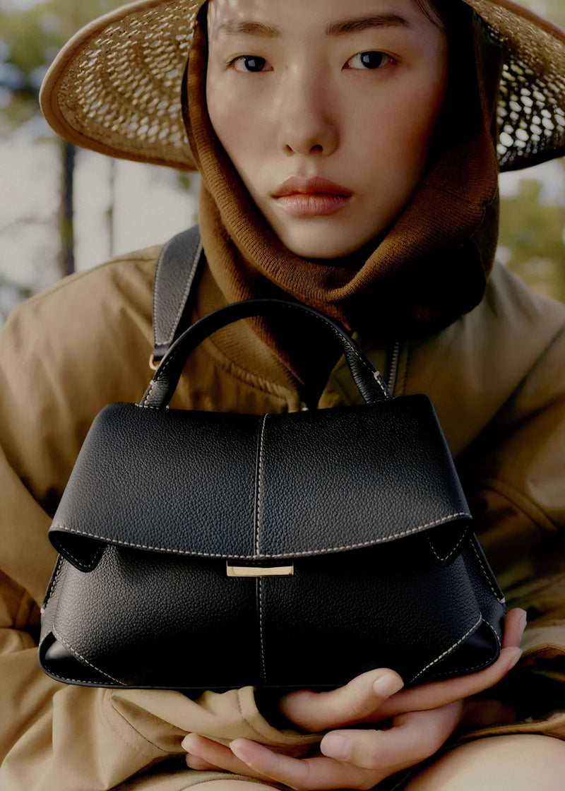 Polène Mokki Mini Edition Textured Black with Ecru Stitching