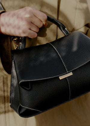Polène Mokki Mini Edition Textured Black with Ecru Stitching