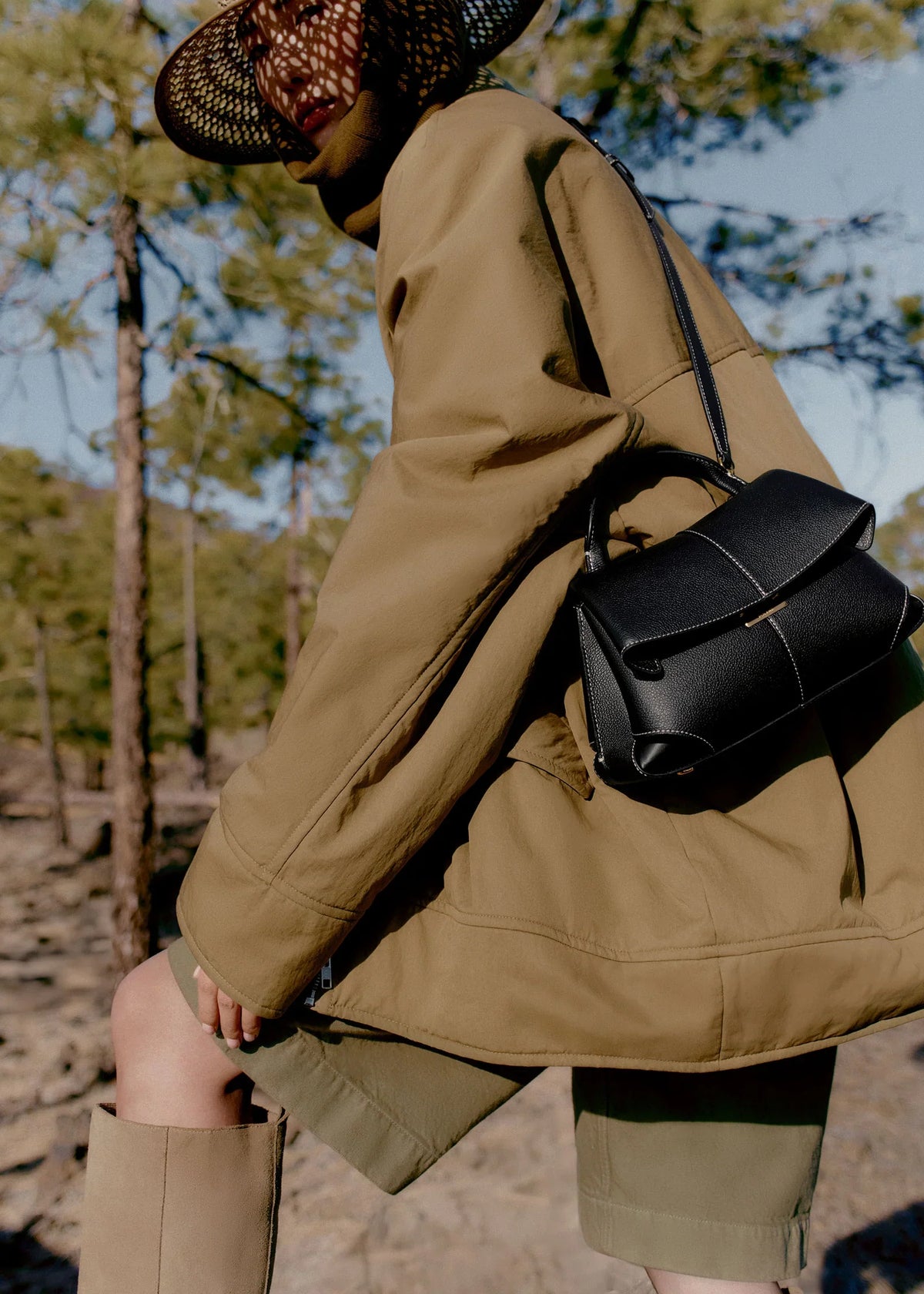 Polène Mokki Mini Edition Textured Black with Ecru Stitching