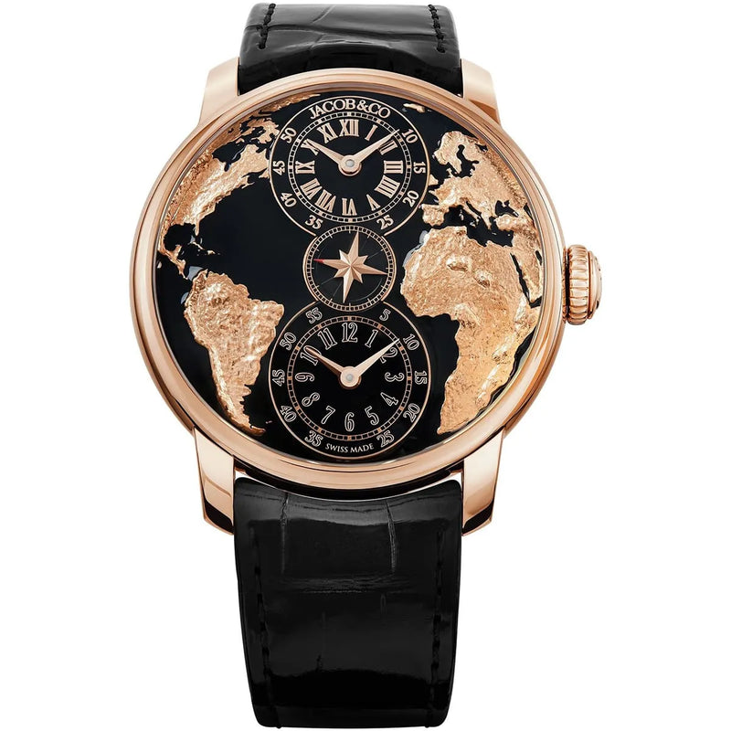 Jacob & Co. Men’s World Map Dual Time Rose Gold Tone Watch