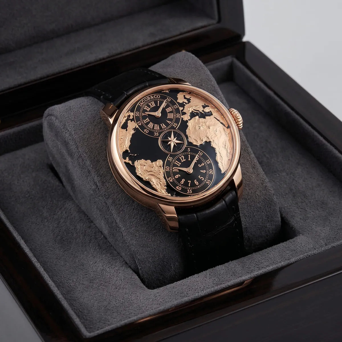 Jacob & Co. Men’s World Map Dual Time Rose Gold Tone Watch