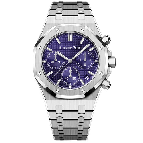 Audemars Piguet chronograph watch with a 41mm Swiss machine movement, featuring a wine-colored dial and stainless steel case.