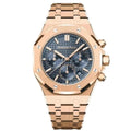 Audemars Piguet chronograph watch with a 41mm Swiss machine movement, featuring a dark dial and stainless steel case.