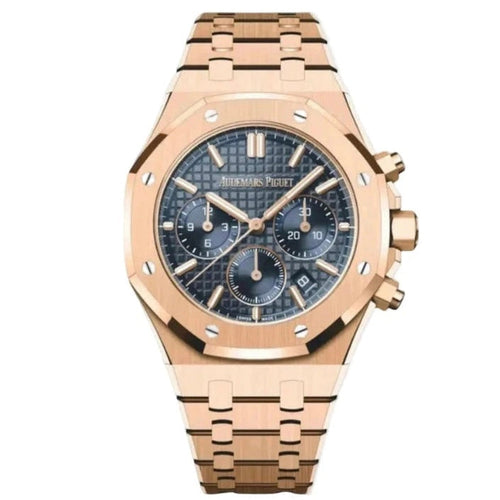 Audemars Piguet chronograph watch with a 41mm Swiss machine movement, featuring a dark dial and stainless steel case.