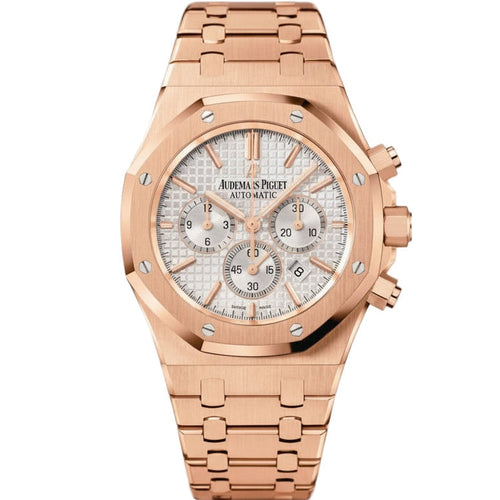 Audemars Piguet chronograph watch with a 41mm case, featuring a dark dial, stainless steel bracelet, and Swiss movement.