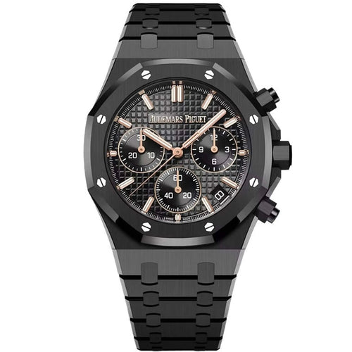 Audemars Piguet chronograph watch with a 41mm Swiss movement, featuring a wine-colored dial and stainless steel case.