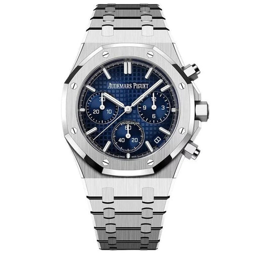 Audemars Piguet chronograph watch with a 41mm case, featuring a black dial and silver-tone details, Swiss-made luxury timepiece.