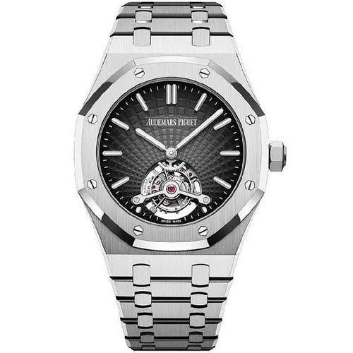 Audemars Piguet Royal Oak selfwinding flying tourbillon Swiss watch with 41mm case, featuring a detailed dial and elegant design.