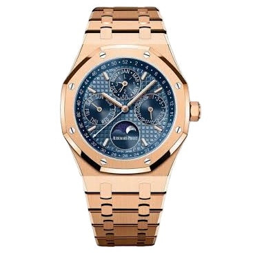 Audemars Piguet Perpetual Calendar watch with a black dial and stainless steel 41mm case, showcasing intricate details and Swiss craftsmanship.