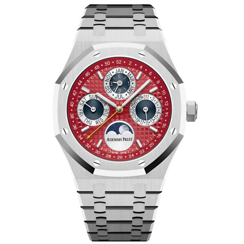 Audemars Piguet Perpetual Calendar Super Clone Swiss watch with 41mm case, featuring a dark wine dial and stainless steel bracelet.