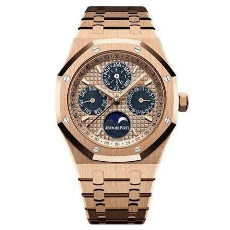 Audemars Piguet Perpetual Calendar watch with a 41mm case, featuring a silver dial and black strap, displayed on a white background.