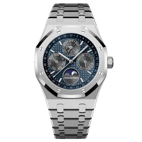 Audemars Piguet Perpetual Calendar watch with a black dial and stainless steel 41mm case, featuring detailed chronograph features.
