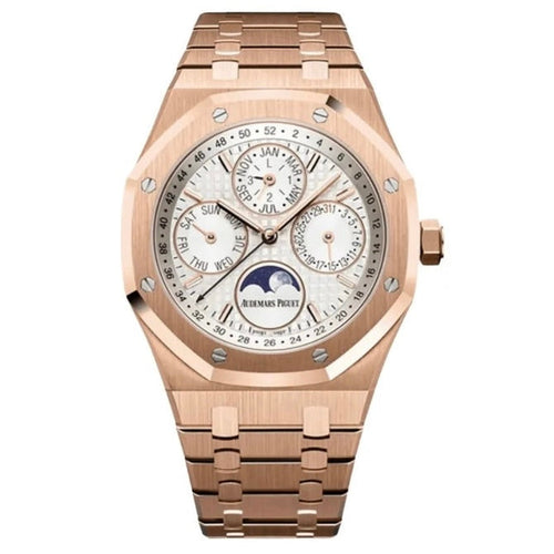 Audemars Piguet Perpetual Calendar Swiss watch with a 41mm case, featuring a dark dial and stainless steel bracelet.