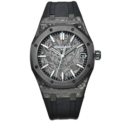 Audemars Piguet Royal Oak Diw Carbon watch with black dial and 41mm stainless steel case, showcasing the Swiss-made timepiece.