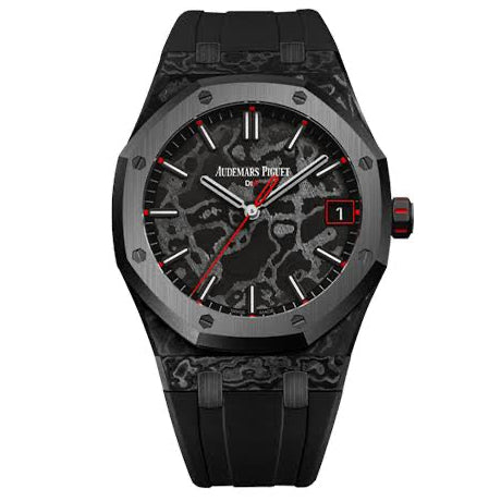 Audemars Piguet Royal Oak Diw Carbon Super Clone Swiss watch with black dial and 41mm stainless steel case, showcasing intricate details.