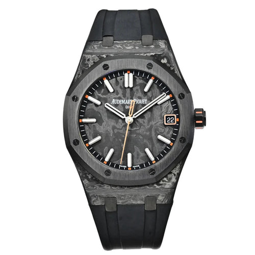 Audemars Piguet Royal Oak Diw Carbon watch with black dial and stainless steel case, 41mm, showcasing its intricate design.