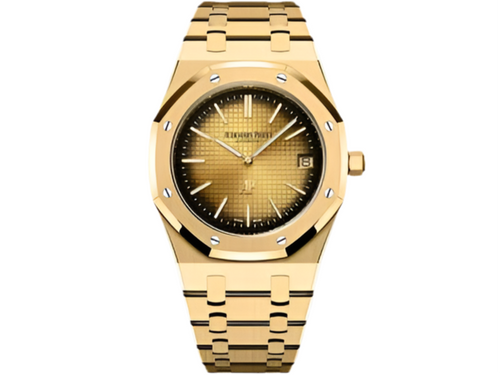 Audemars Piguet Royal Oak Jumbo Extra-Thin watch with a 39mm case, featuring a stainless steel bracelet and blue dial.