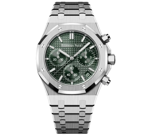 Audemars Piguet chronograph watch with a 41mm Swiss machine movement, featuring a dark dial and stainless steel case.