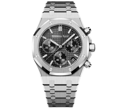 Audemars Piguet Chronograph Swiss watch with 41mm case, detailed dial, and stainless steel bracelet on a white background.
